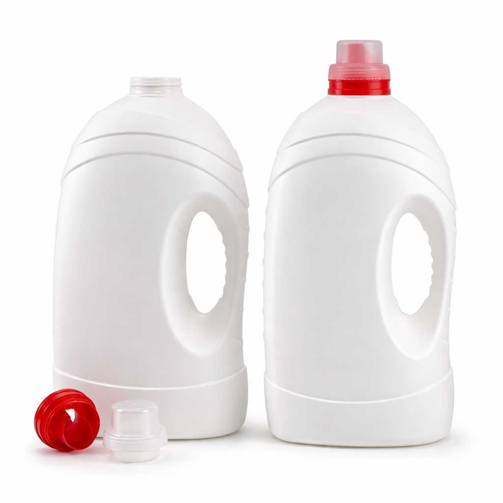 Flacon en plastique blanc pour assouplissant, 4,9 l, bouchon verseur rouge