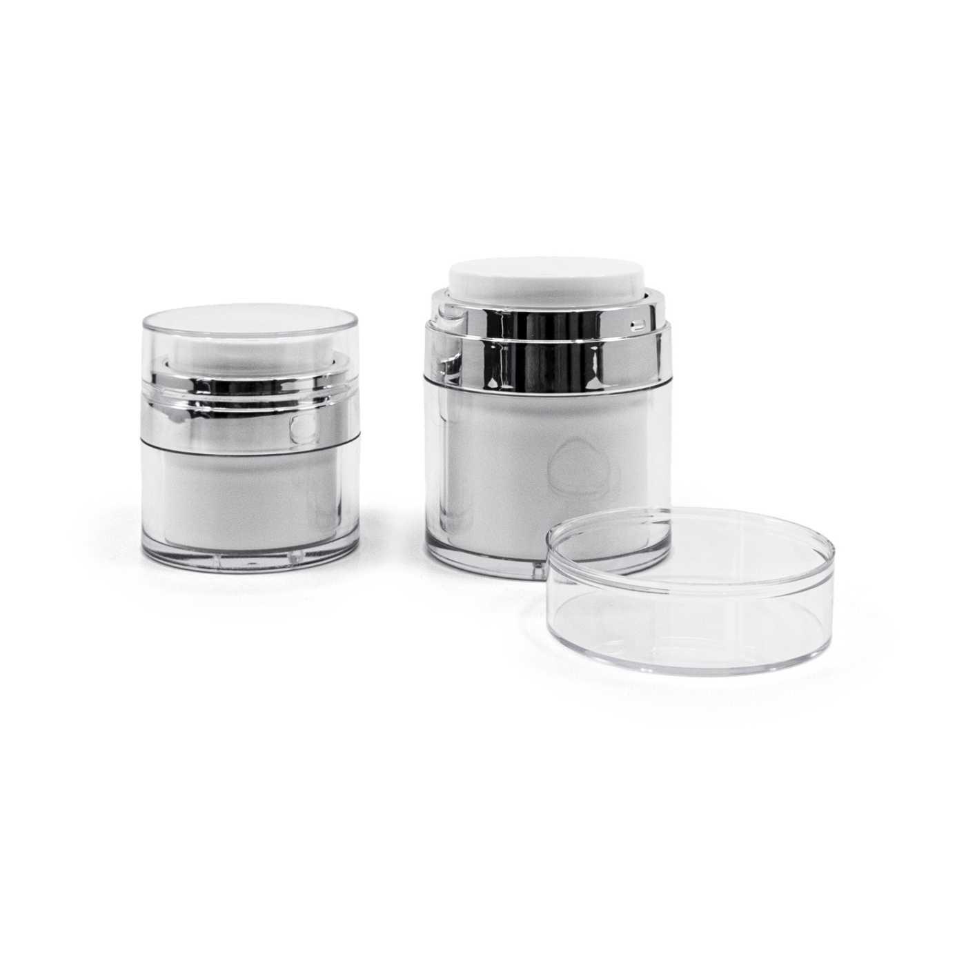 Weißer Airless-Kunststoffdose mit silbernem Rand, 15 ml