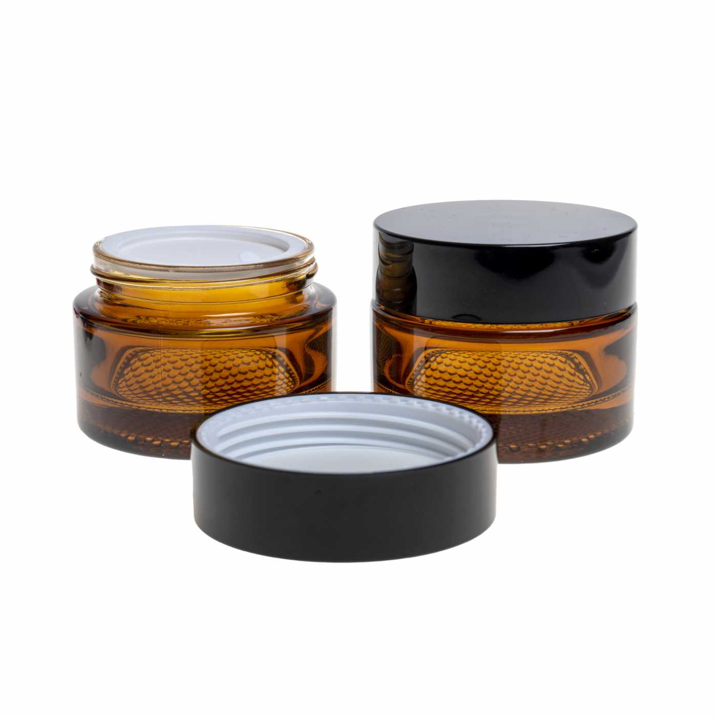 Braunglas-Tiegel, schwarzer Kunststoffdeckel mit Dichtung, schwarze Kunststoffkappe, 50 ml