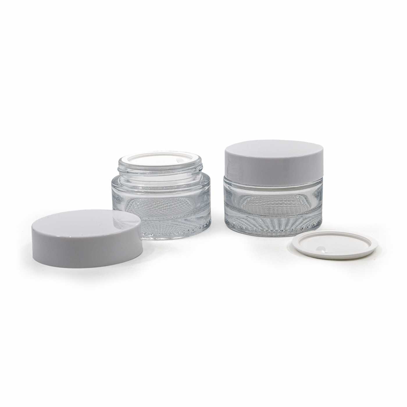 Szklany słoiczek kosmetyczny, przezroczysty, grube szkło, biała nakrętka plastikowa z uszczelką, 50 ml