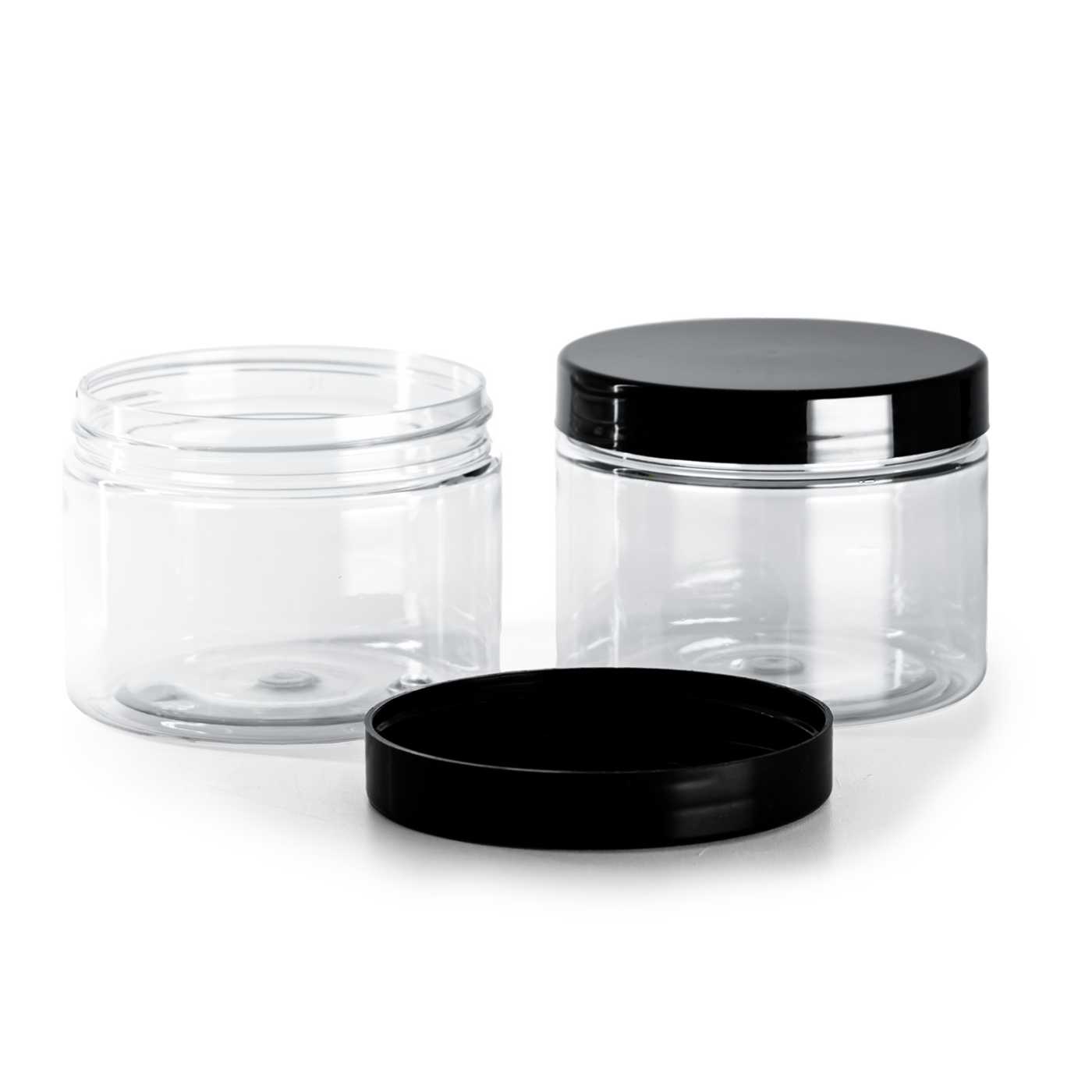 Słoiczek plastikowy, przezroczysty z czarną nakrętką, 150 ml