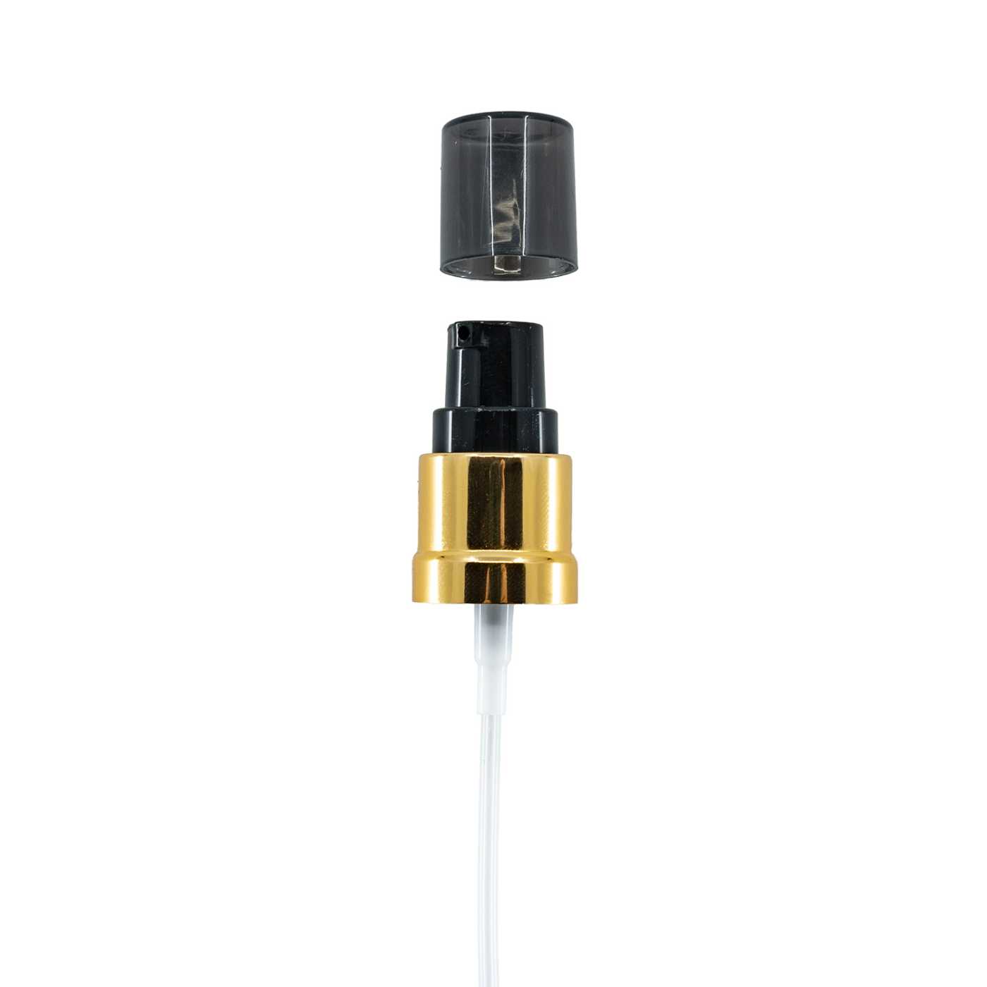 Kunststoff-Cremepumpe, glänzend schwarz-gold, rauchfarbene Überkappe, 18/415