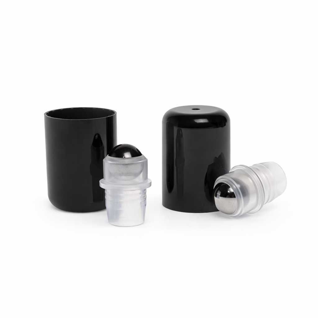 Bouchon roll-on en plastique noir avec bille en acier, 18/410