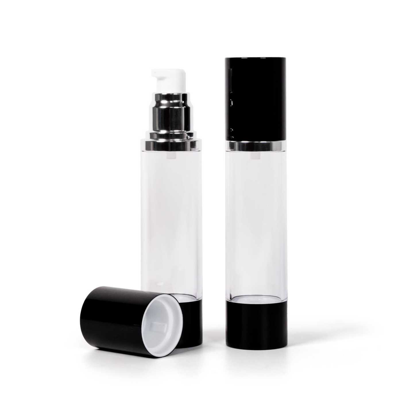Átlátszó airless üvegcse, fekete felső kupak, 45 ml