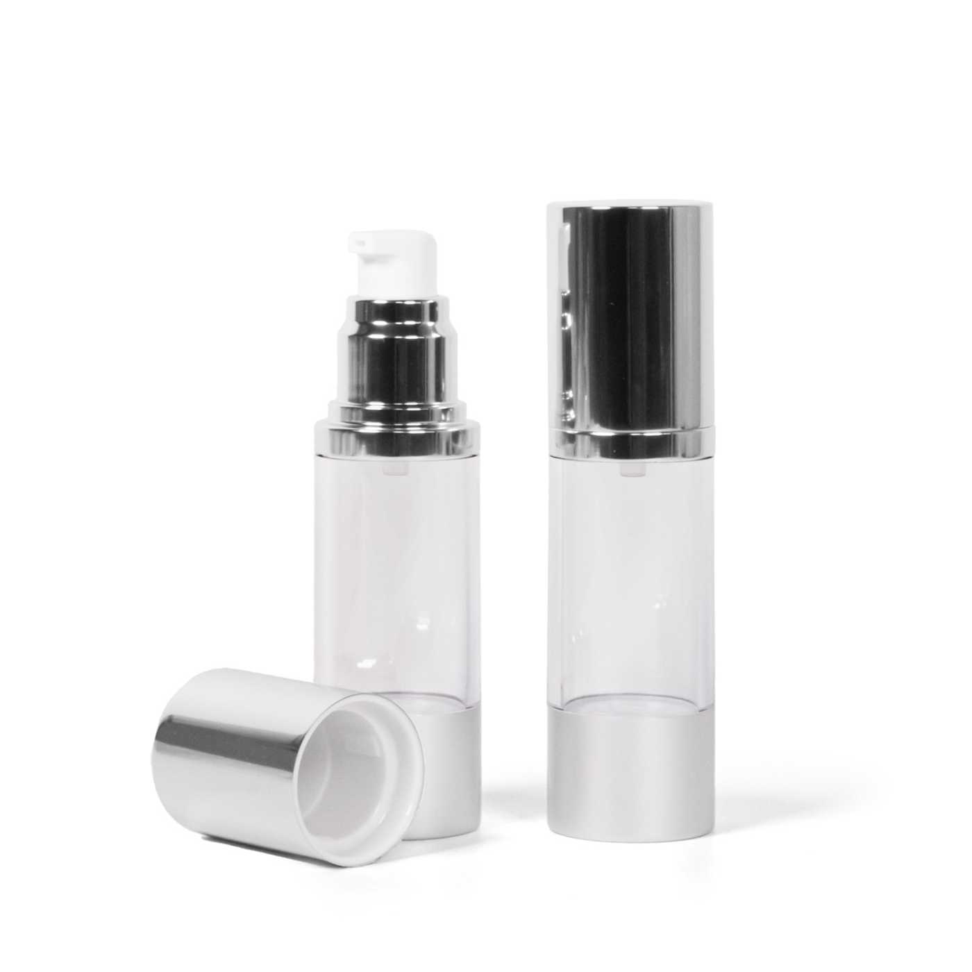 Átlátszó airless üvegcse, alumínium kupak, 30 ml