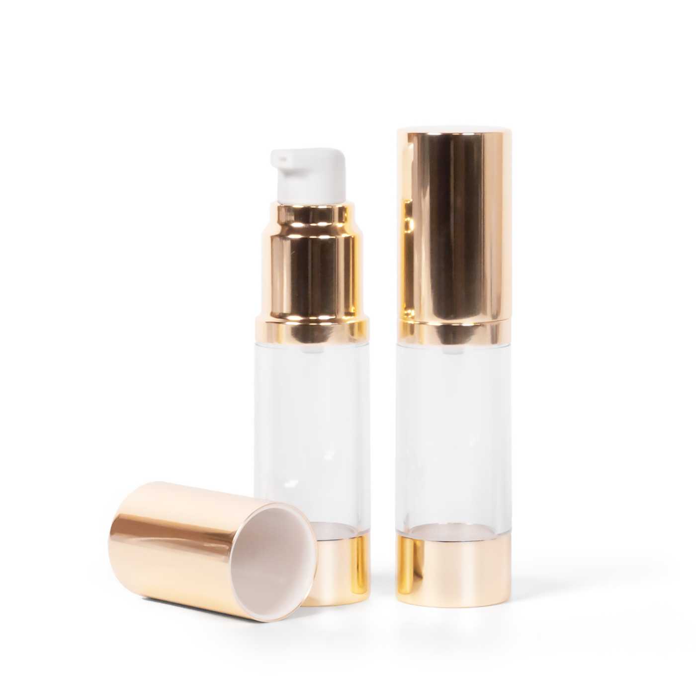 Átlátszó airless üvegcse, arany színű aljjal, 15 ml