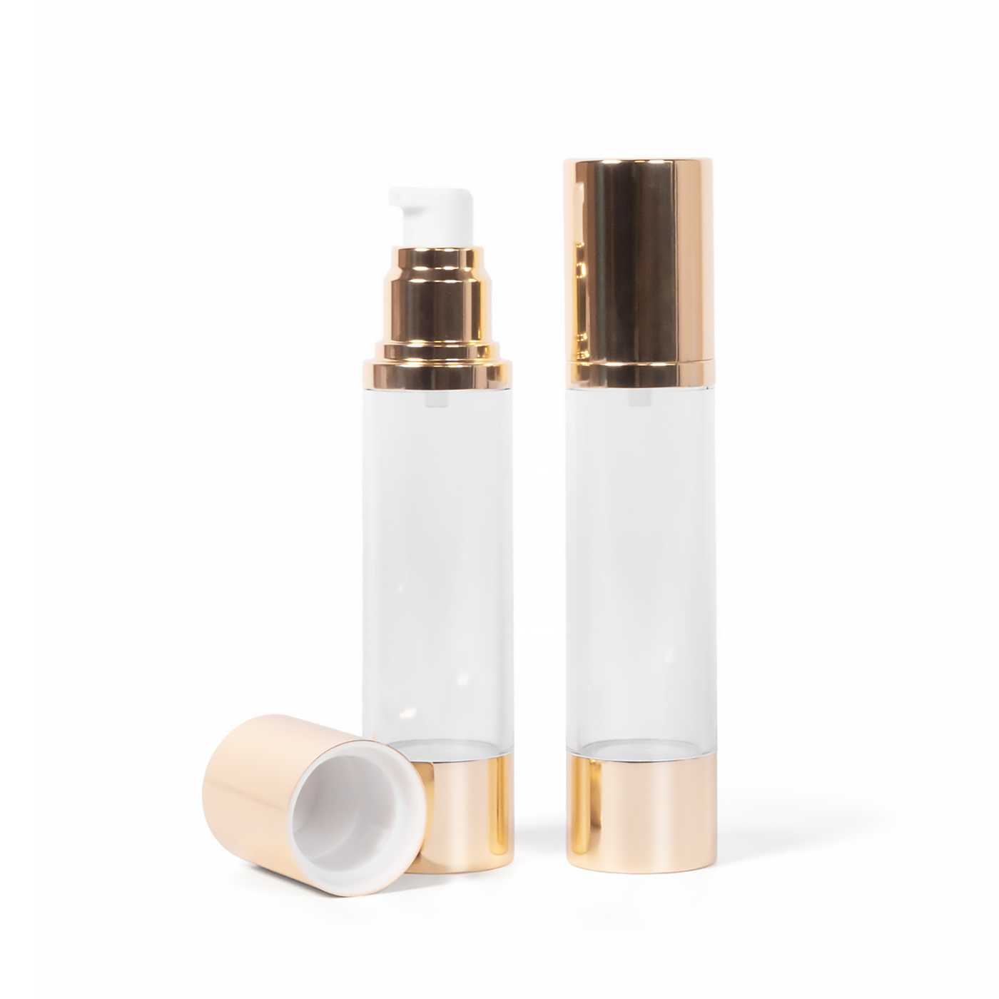 Transparente Airless-Fläschchen mit goldenem Boden, 45 ml