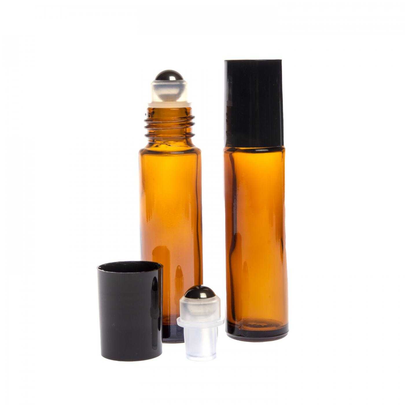 Flacon roll-on en verre ambré fin 10 ml avec bouchon noir