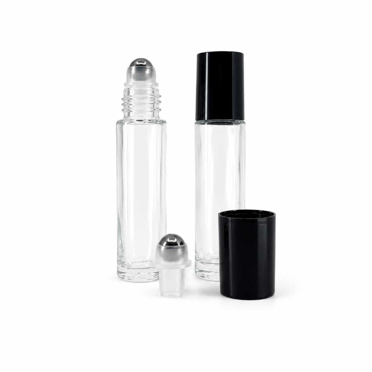 Szklany roll-on, przezroczysty, czarna nakrętka, kulka metalowa, 10 ml