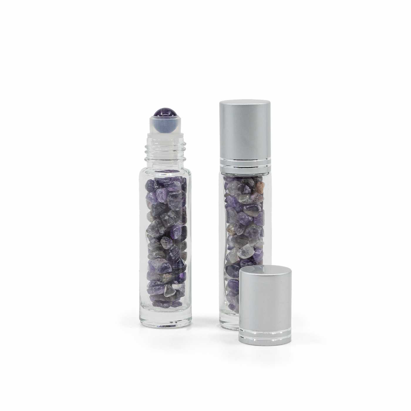 Roll-on en verre avec améthyste, bouchon argenté, 10 ml
