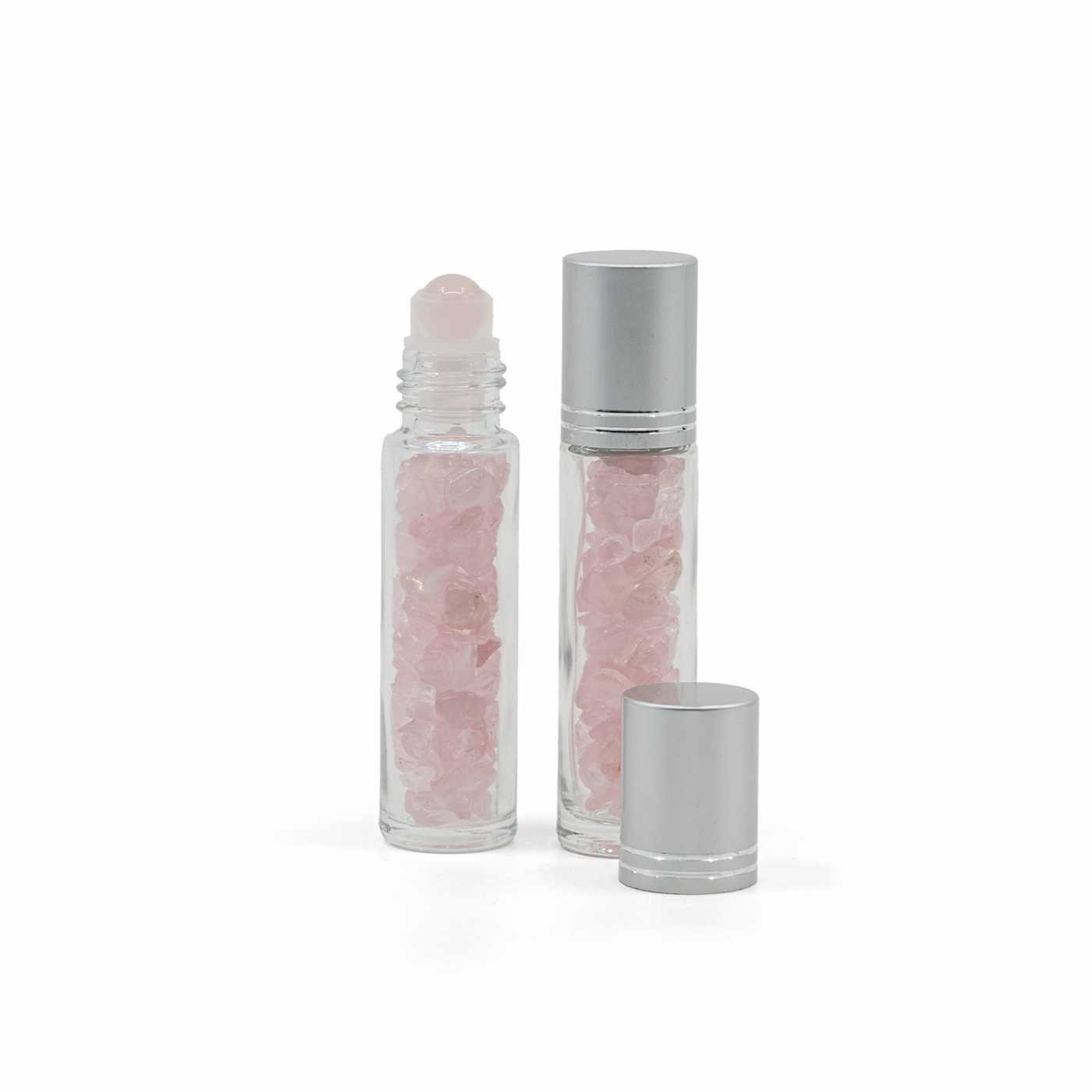 Roll-on en verre avec quartz rose, bouchon argenté, 10 ml