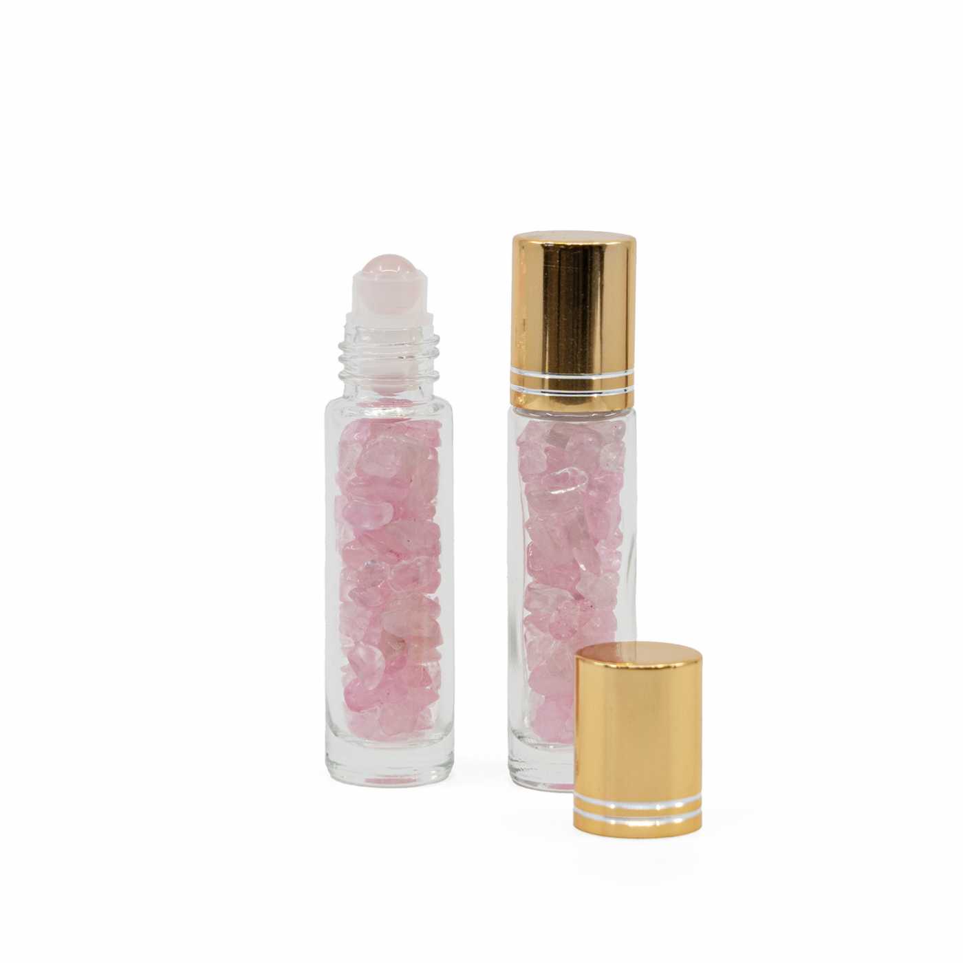Roll-on en verre avec quartz rose, bouchon doré, 10 ml