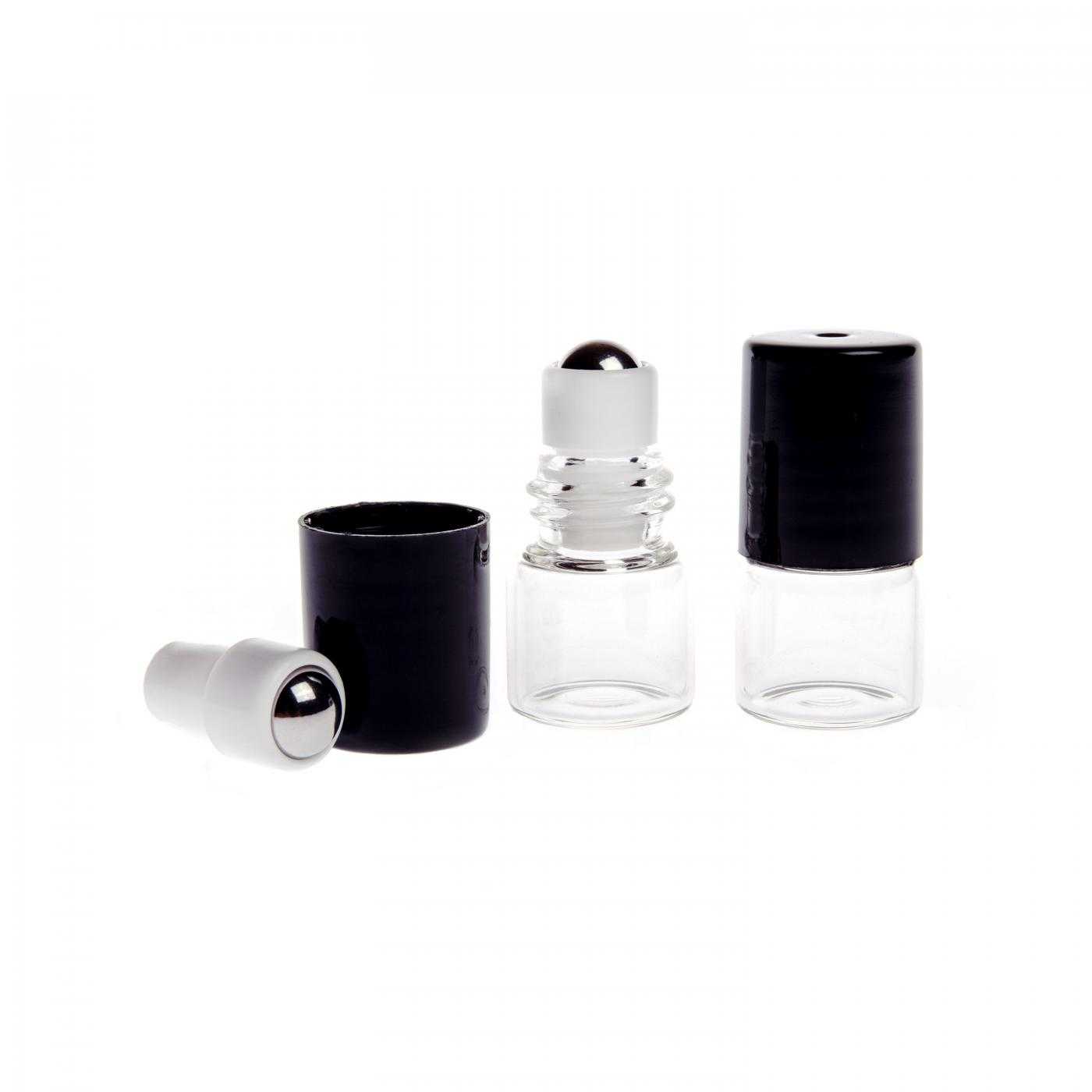 Flacon roll-on en verre 1 ml, transparent, bouchon noir