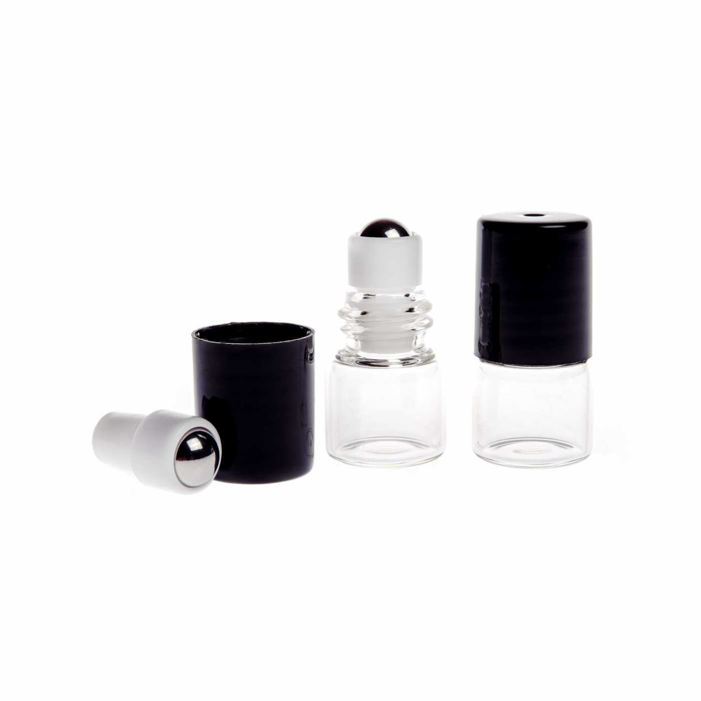 Flacon roll-on en verre 2 ml transparent avec bouchon noir