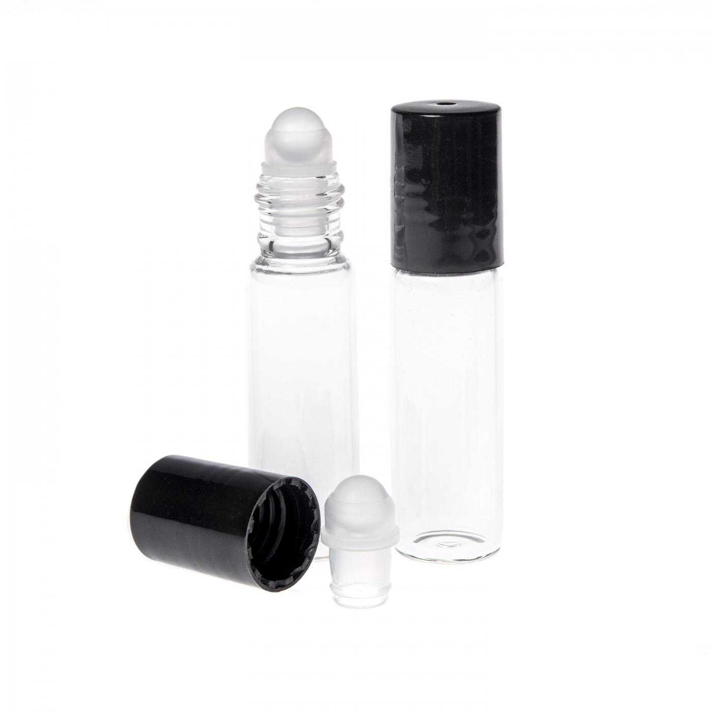 Flacon roll-on en verre 5 ml, bouchon noir, bille en verre
