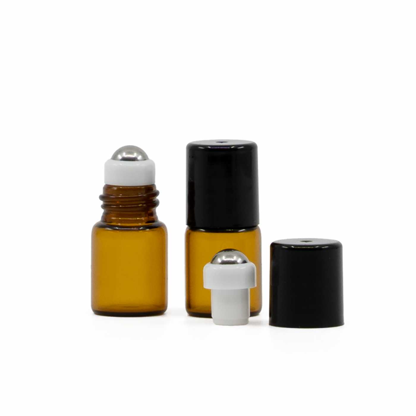 Flacon roll-on en verre ambré, 2 ml, bouchon noir