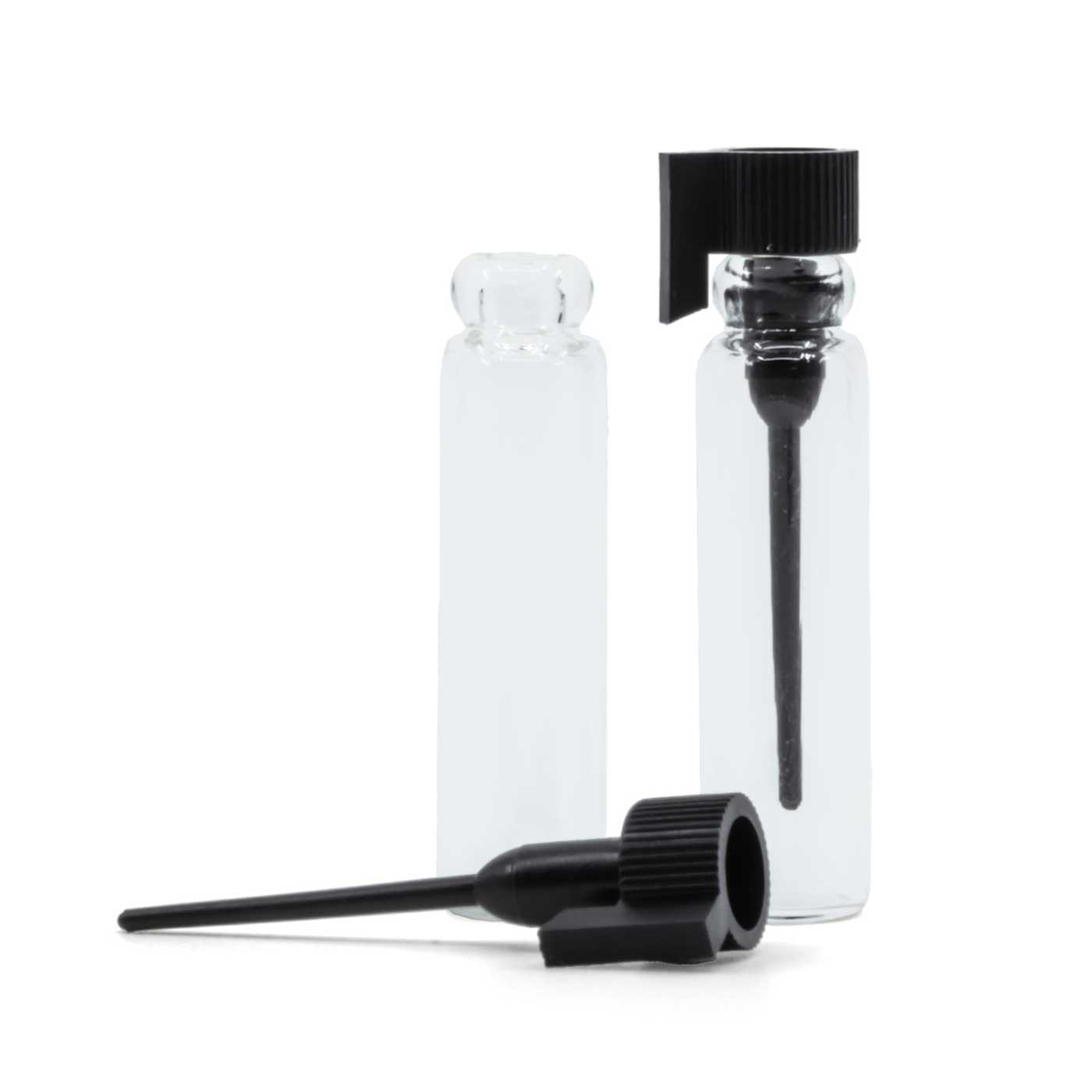 Testeur cosmétique en verre avec capsule en plastique noir, 1 ml