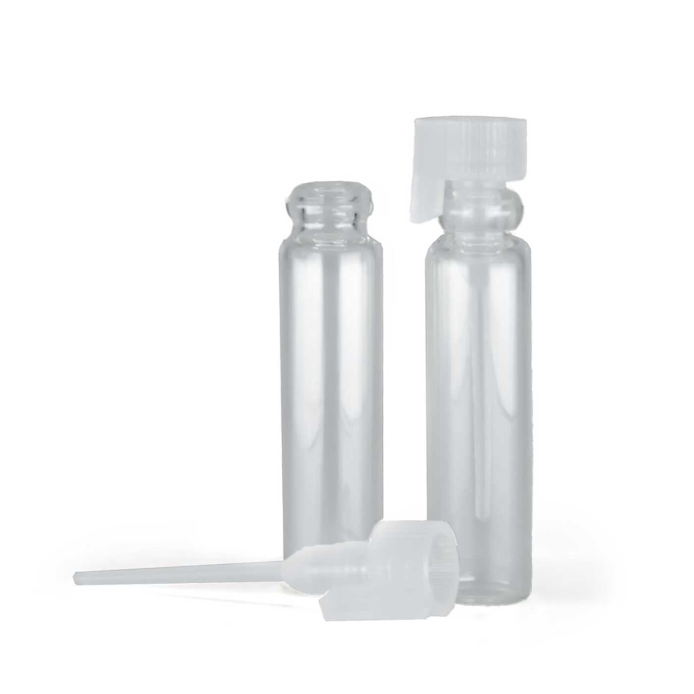 Testeur cosmétique en verre, bouchon plastique transparent, 1 ml