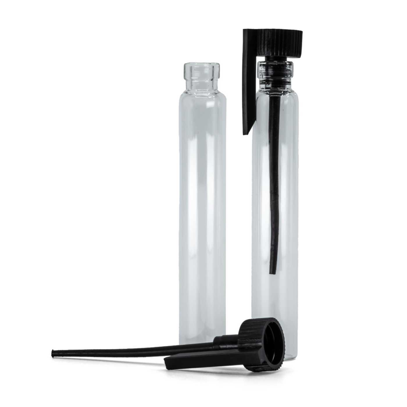 Testeur cosmétique en verre, bouchon en plastique noir, 2 ml